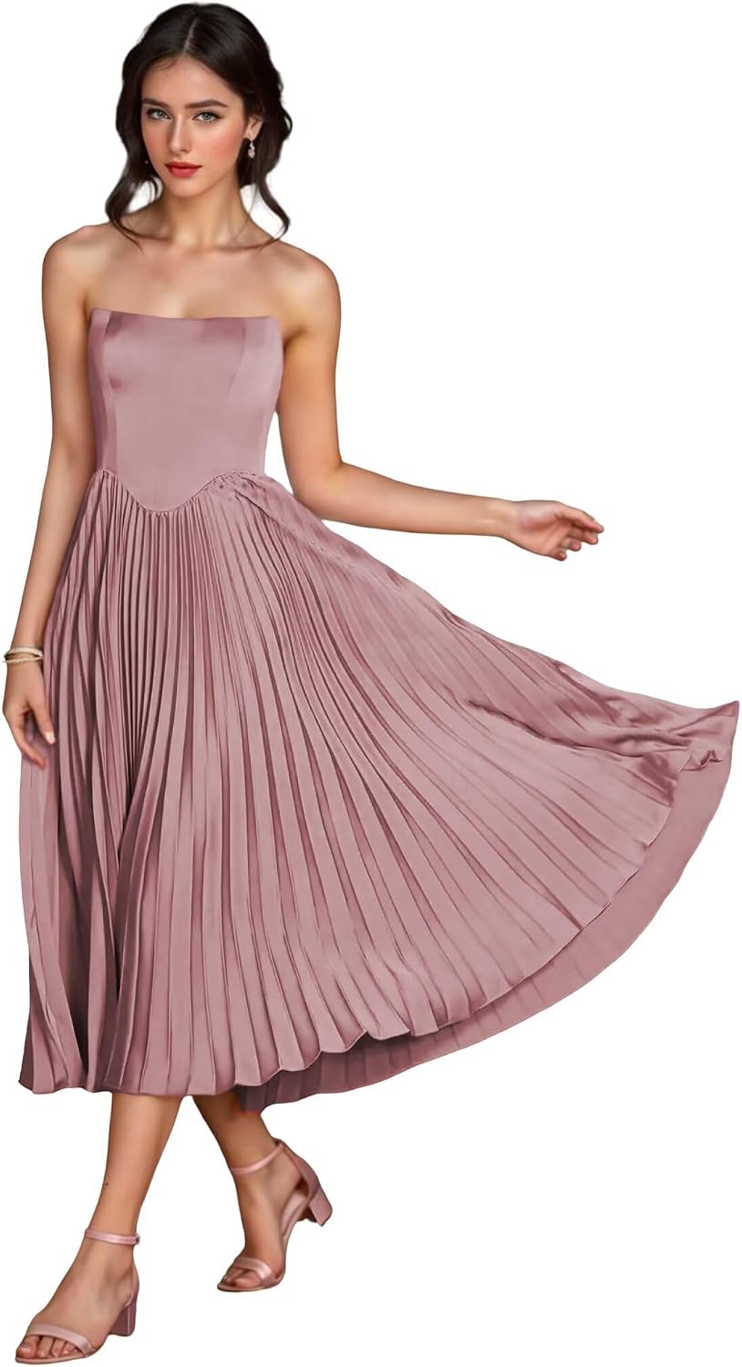 Women's Strapless Bridesmaid Dresses for Womens Tea Length Ruffle Satin Formal Prom Dress