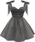 Tulle Short Homecoming Dress for Teens Sparkly Lace DAMA Dresses for Quinceanera Spaghetti Straps Bow Prom Gown