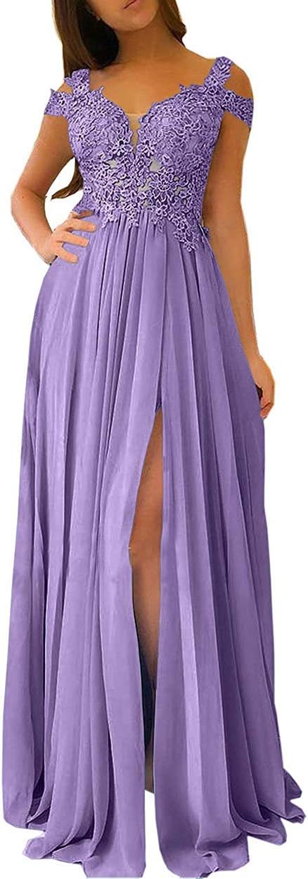 Women's Lace Appliques Prom Dresses Long with Slit Cold Shoulder Formal Party Gown