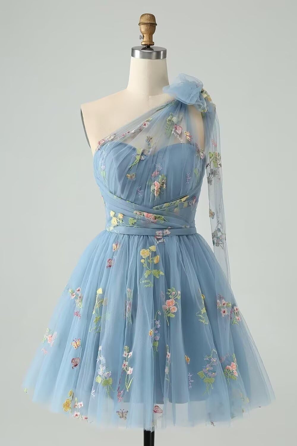 One Shoulder Homecoming Dresses for Teens Flower Embroidery Tulle Short Prom Dress A-Line Formal Party Ball Gowns