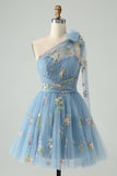 One Shoulder Homecoming Dresses for Teens Flower Embroidery Tulle Short Prom Dress A-Line Formal Party Ball Gowns