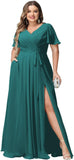 Plus Size Bridesmaid Dresses with Pockets V Neck Chiffon Flutter Sleeves Formal Evening Gowns with Slit