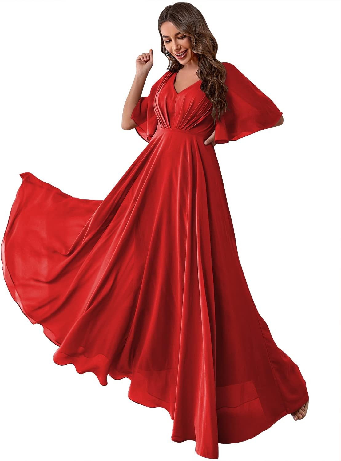 Women's Batwing Sleeve Chiffon Bridesmaid Dresses with Pockets V Neck Long Formal Evening Dress