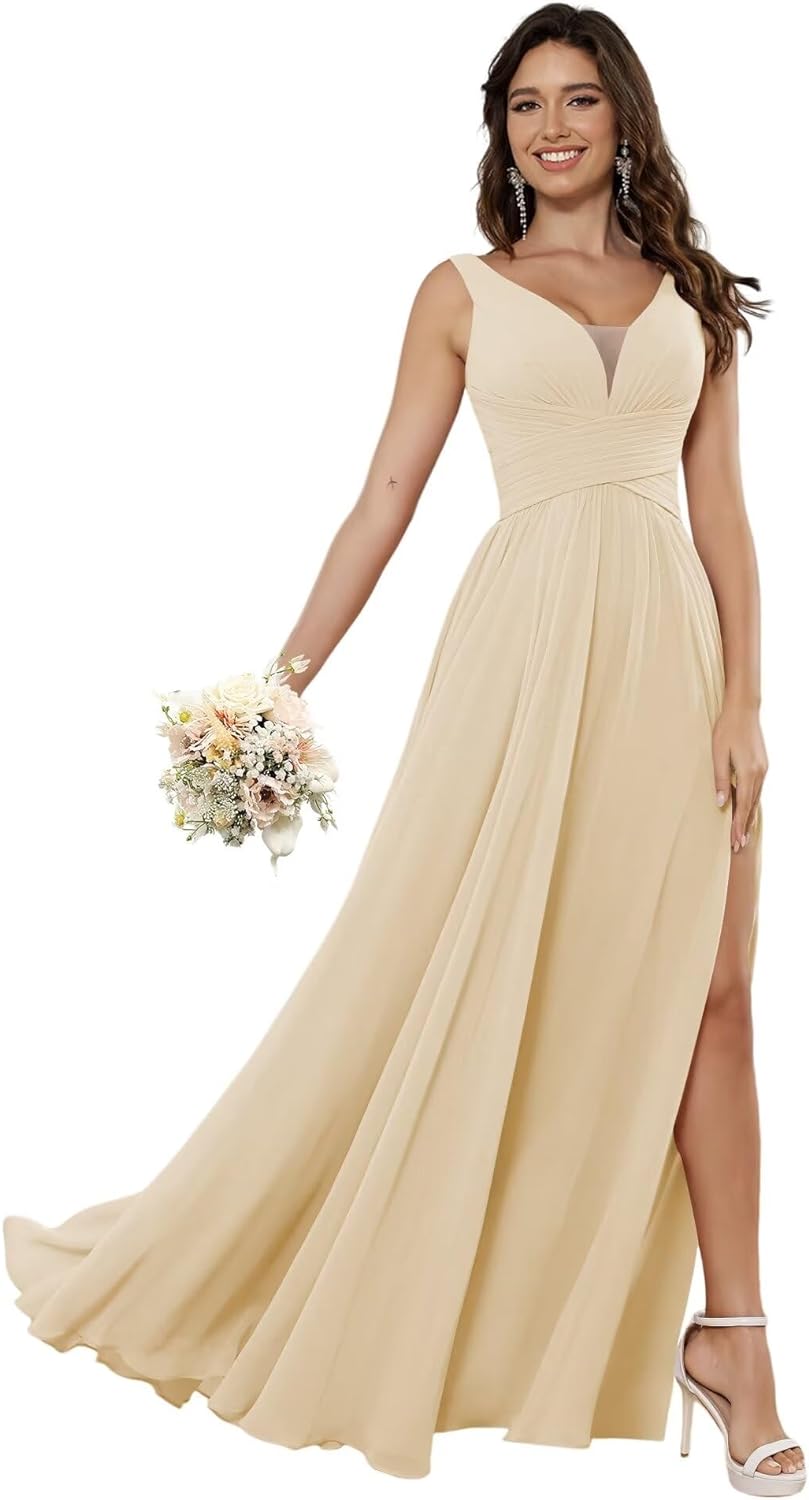 Vestidos de dama de honor sencillos de gasa para mujer con bolsillos, vestidos formales largos con escote en V y abertura 