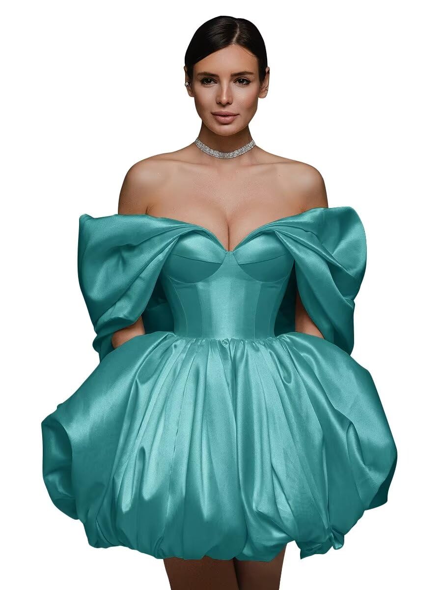 Off The Shoulder Short Wedding Dresses for Bride Puffy Satin Bridal Dresses w/Pockets Strapless Formal Ball Gowns