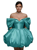 Off The Shoulder Short Wedding Dresses for Bride Puffy Satin Bridal Dresses w/Pockets Strapless Formal Ball Gowns