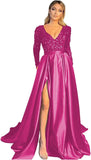 Vestido de fiesta de satén con lentejuelas brillantes para mujer, con bolsillos, manga larga y abertura. 