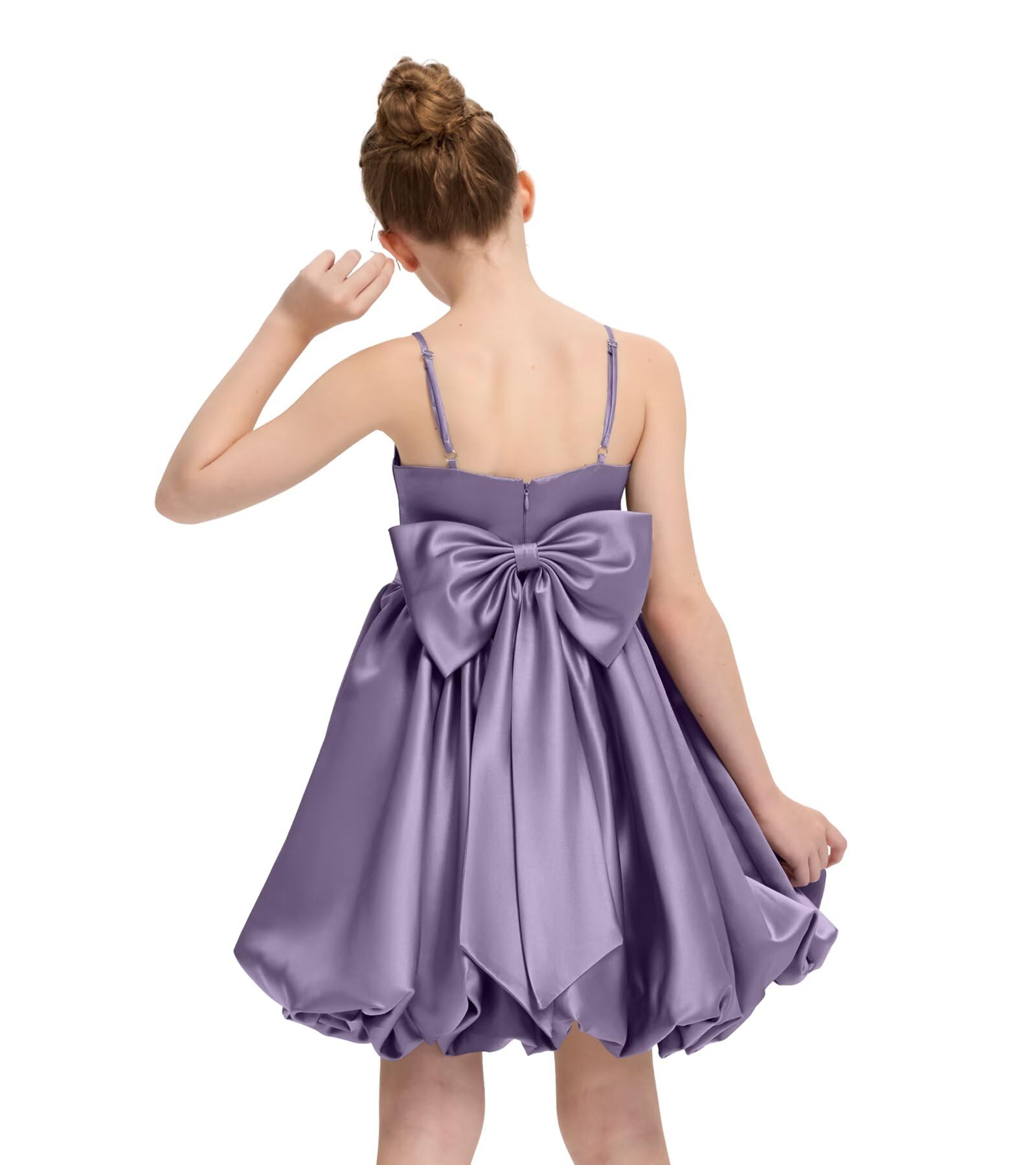 Satin Homecoming Dress for Girls Short Satin Flower Girl Dresses for Wedding Party Prom Gown with Bow