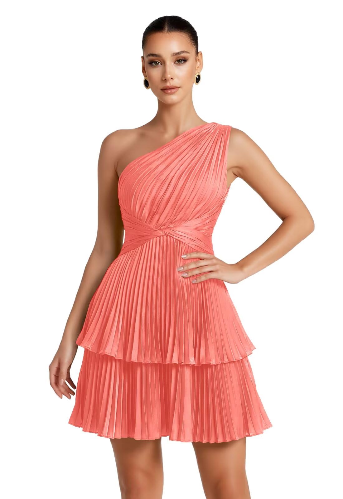 One Shoulder Satin Homecoming Dresses for Teens 2026 Short A-line Prom Dress Pleated Tiered Cocktail Party Gowns