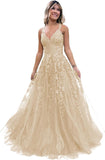 Women's Sparkly Tulle Lace Applique Prom Dresses 2025 Long Spaghetti Straps Formal Evening Gowns