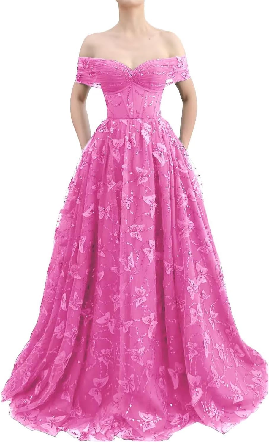 Sparkly Off Shoulder Tulle Prom Dresses with Butterfly Appliques Long A Line Formal Evening Party Gowns for Women