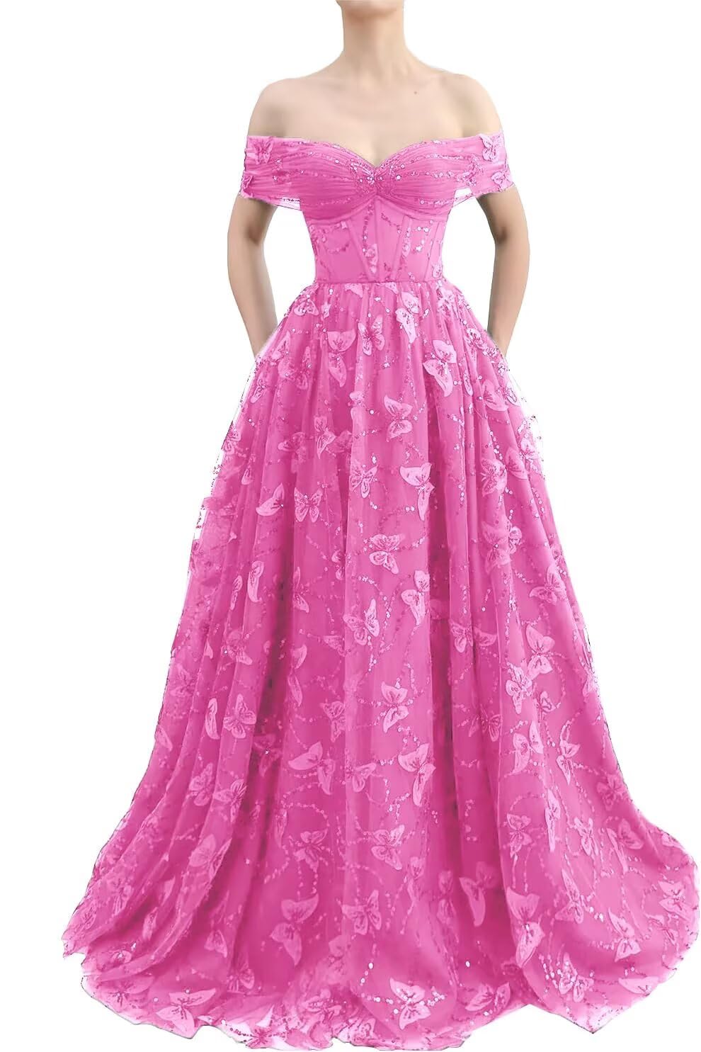 Sparkly Off Shoulder Tulle Prom Dresses with Butterfly Appliques Long A Line Formal Evening Party Gowns for Women