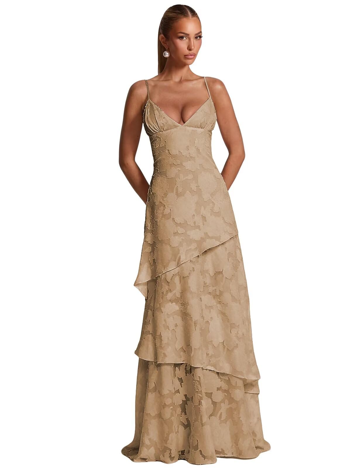 Spaghetti Strap Floral Bridesmaid Dresses for Women Tiered Ruffle A-Line Long Formal Prom Dress