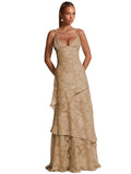 Spaghetti Strap Floral Bridesmaid Dresses for Women Tiered Ruffle A-Line Long Formal Prom Dress