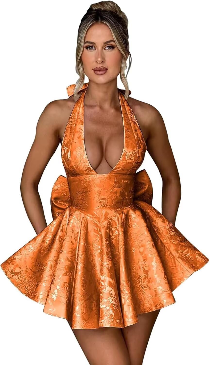 Satin Halter Homecoming Dresses for Teens 2027 V Neck Jacquard A-line Short Prom Cocktail Gowns with Bow