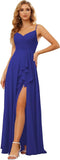 Vestidos de dama de honor largos de gasa con tirantes finos y bolsillos, vestidos formales con volantes y abertura para mujer 