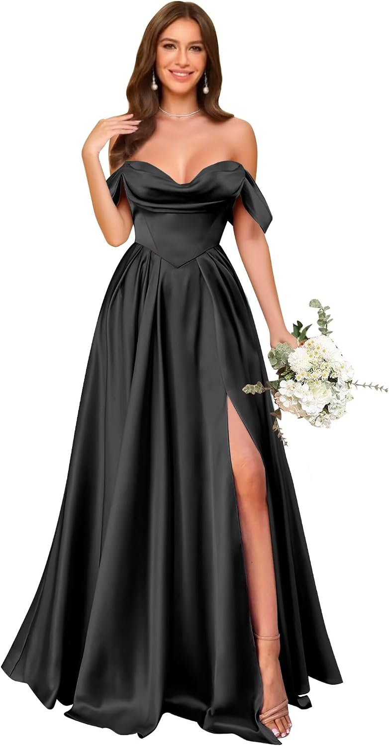 Off Shoulder Satin Bridesmaid Dresses Long Pleated Formal Dresses A Line Evening Gowns with Slit