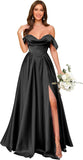 Off Shoulder Satin Bridesmaid Dresses Long Pleated Formal Dresses A Line Evening Gowns with Slit