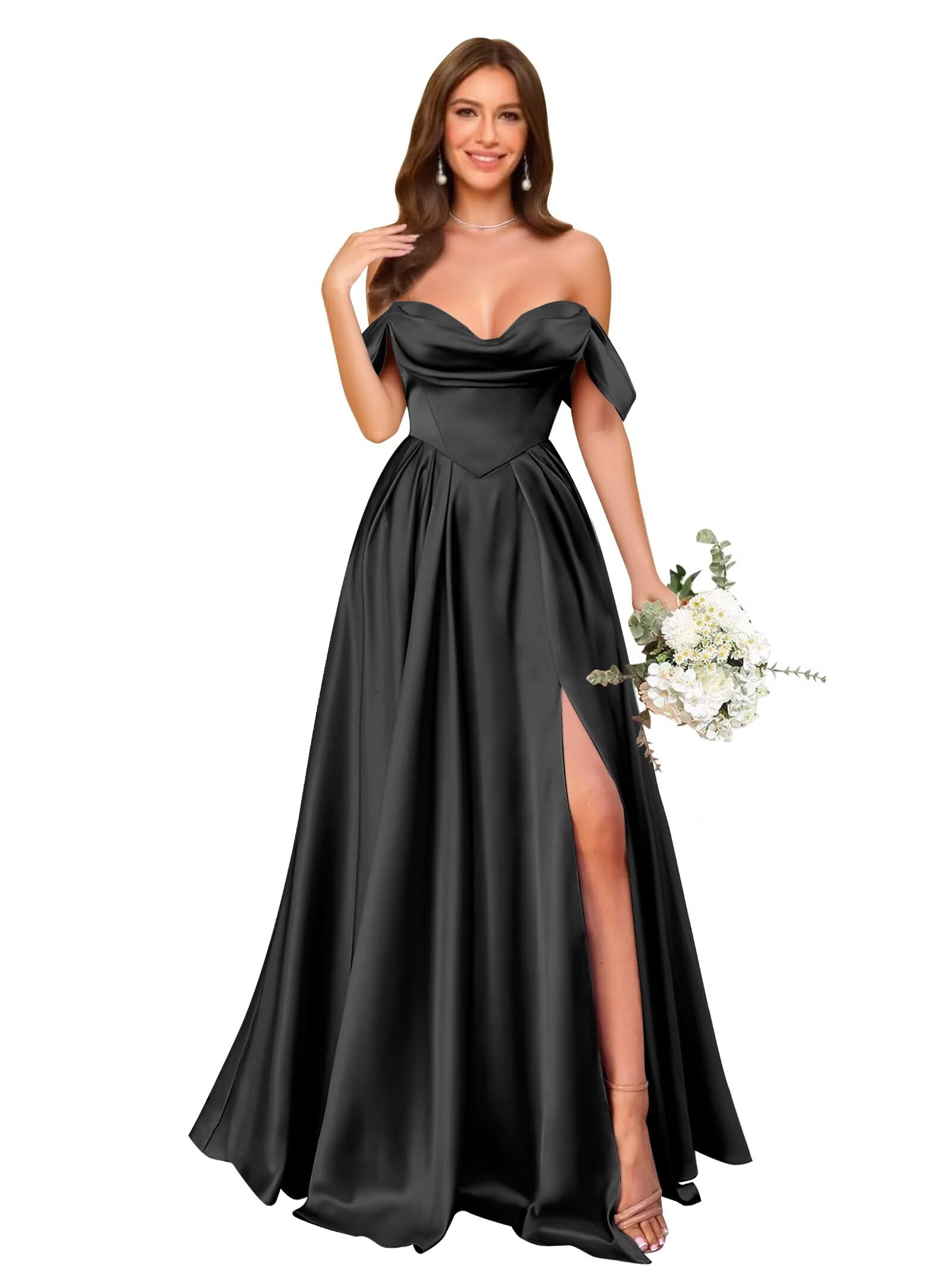 Off Shoulder Satin Bridesmaid Dresses Long Pleated Formal Dresses A Line Evening Gowns with Slit