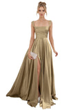 Spaghetti Straps Satin Bridesmaid Dresses for Women Long A-Line Square Neck Formal Evening Party Gown with Slit