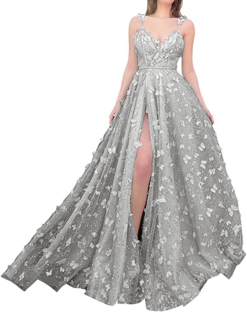 Sparkly Prom Dresses for Teens 2027 3D Butterfly Tulle Spaghetti Straps Long Slit Backless Party Gowns