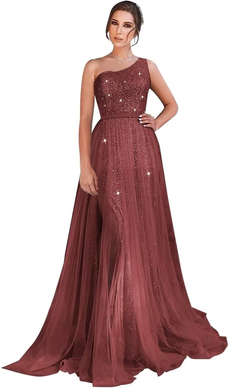 One-Shoulder-Ballkleid mit Pailletten, formelle Kleider für Damen, funkelnde Abendkleider, Tüll-Ballkleid 