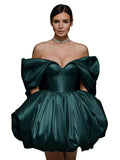 Off The Shoulder Short Wedding Dresses for Bride Puffy Satin Bridal Dresses w/Pockets Strapless Formal Ball Gowns