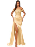 Off Shoulder Sequin Prom Dresses for Women 2027 Long Mermaid Tight Satin Formal Evening Party Dress with Slit
