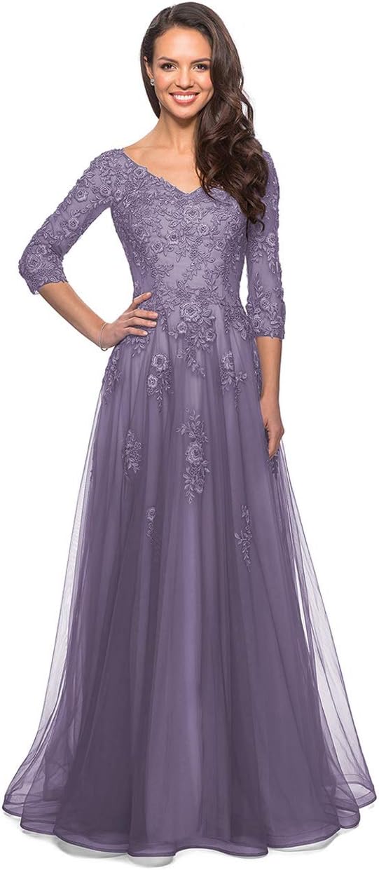Women's Floral Lace Appliques 3/4 Sleeve Mother of The Bride Dresses Long V Neck Formal Dresses with Pockets