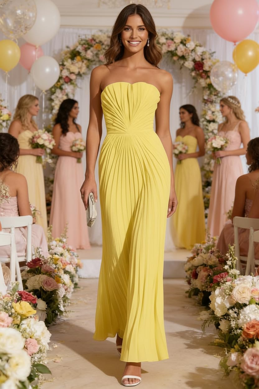 Women's Strapless Pleated Bridesmaid Dress Elegant Sweetheart Neck Formal Prom Gown for Wedding Guest