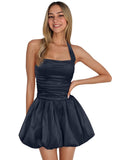 Satin Halter Homecoming Dresses for Teens Short Prom Dress 2027 Flower Bud Ruched Formal Cocktail Gown with Pockets