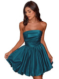 Short Satin A-Line Ruched Homecoming Dresses for Teens Strapless Ruched Mini Formal Cocktail Party Dress