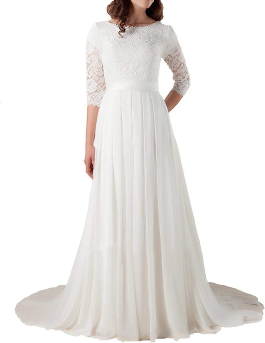 Women's Elegant Lace Beach Wedding Dresses for Bride with Sleeves Wedding Bridal Gowns