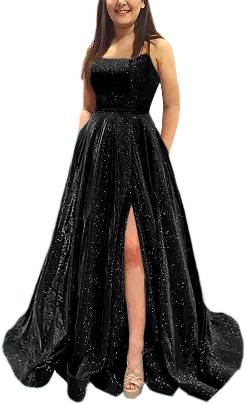 Kingbridal Gowns Spaghetti Straps Prom Dresses Long for Women 2026 A Line Sequin Satin Formal Evening Party Ball Gowns with Slit