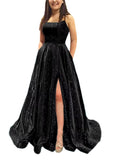 Kingbridal Gowns Spaghetti Straps Prom Dresses Long for Women 2026 A Line Sequin Satin Formal Evening Party Ball Gowns with Slit