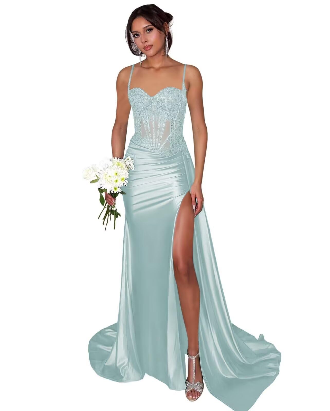 Lace Satin Prom Dresses for Women 2026 Long Mermaid Spaghetti Straps Corset Formal Evening Party Dress with Slit