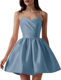 Satin Homecoming Dresses for Teens Spaghetti Straps Short Prom Dress A-Line Cocktail Wedding Guest Dress