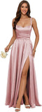 Jacquard Satin Prom Dresses with Slit Spaghetti Straps A Line Maxi Long Formal Dress