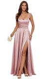 Jacquard Satin Prom Dresses with Slit Spaghetti Straps A Line Maxi Long Formal Dress