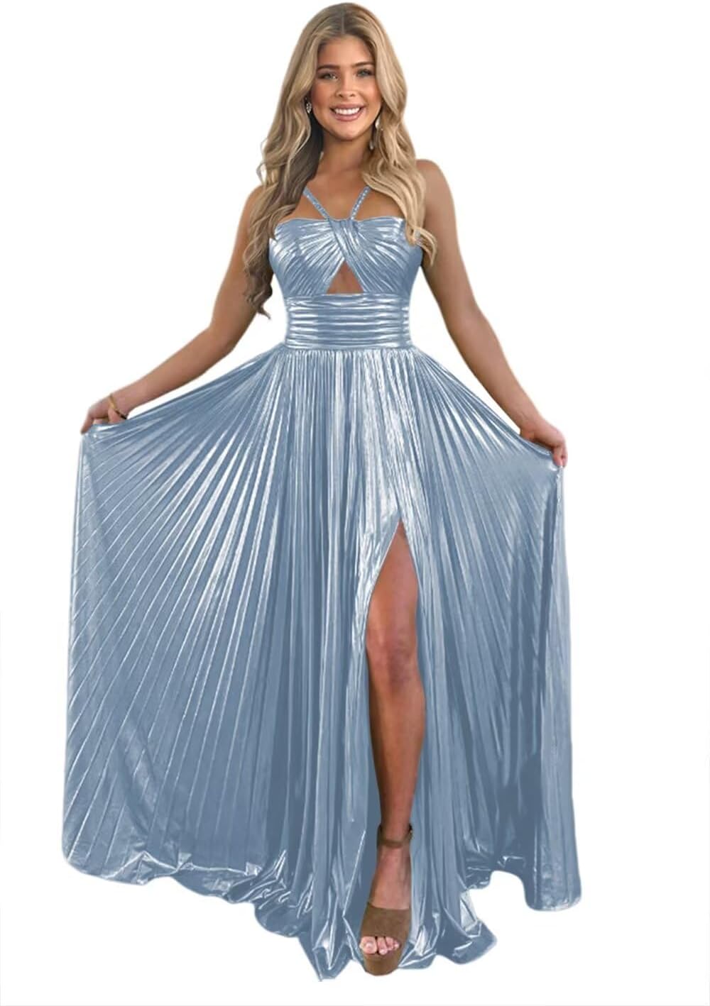 Vestido de fiesta de satén metálico brillante con abertura para mujer, vestido formal de noche plisado con cuello halter 