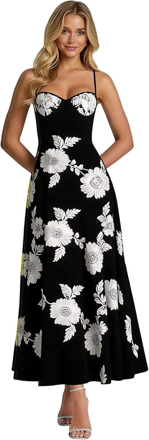 Floral Jacquard Tulle Prom Dresses Spaghetti Straps Formal Evening Party Dress Tea Length Gown