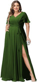 Plus Size Bridesmaid Dresses with Pockets V Neck Chiffon Flutter Sleeves Formal Evening Gowns with Slit