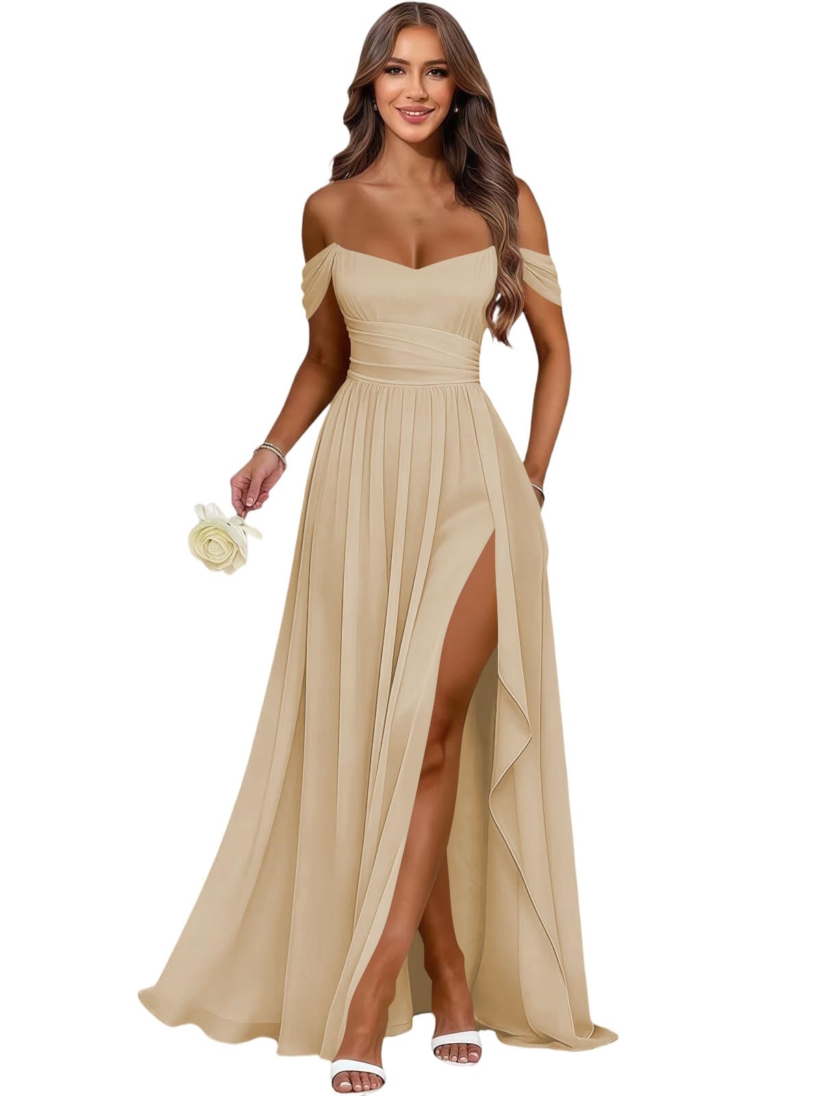 Women's Long Chiffon Bridesmaid Dresses with Slit Off Shoulder A-Line Formal Prom Evening Gown Maxi Wedding Guest Dress