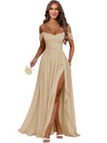 Women's Long Chiffon Bridesmaid Dresses with Slit Off Shoulder A-Line Formal Prom Evening Gown Maxi Wedding Guest Dress