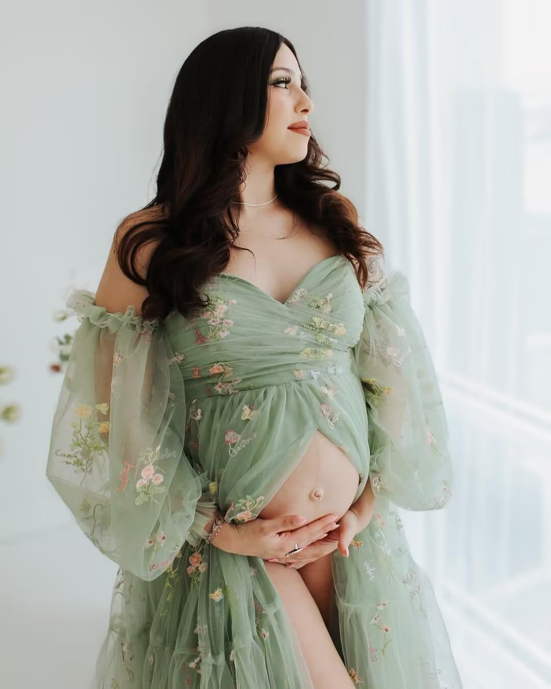 Flower Embroidery Tulle Maternity Dresses for Photoshoot Long Puffy Sleeve Off Shoulder Pregnancy Baby Shower Dress