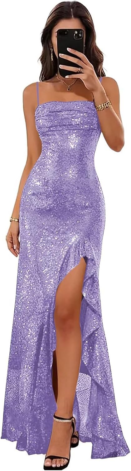 Sparkly Sequin Spaghetti Straps Prom Dresses 2026 Long Ruffles Pleated Formal Evening Dress with Slit