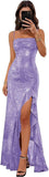 Sparkly Sequin Spaghetti Straps Prom Dresses 2026 Long Ruffles Pleated Formal Evening Dress with Slit