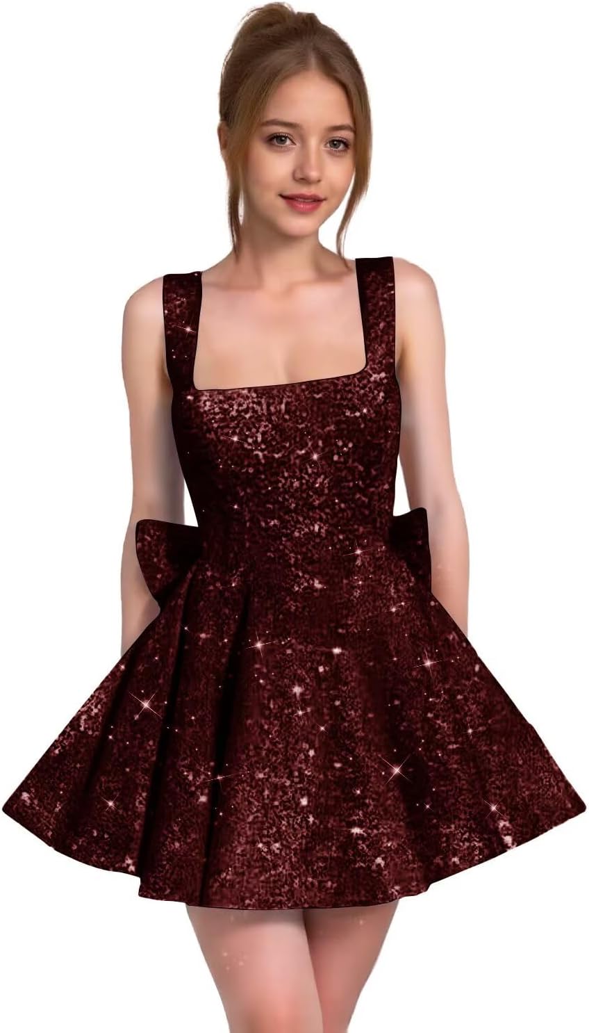 Sparkly Sequin Homecoming Dresses for Teens Short Prom Dress Square Neck Bow Formal Cocktail Gowns with Pockets