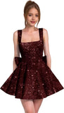 Sparkly Sequin Homecoming Dresses for Teens Short Prom Dress Square Neck Bow Formal Cocktail Gowns with Pockets