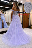 Off The Shoulder Tulle Prom Dress with Laces Applique A-line Slit Long Ball Gowns Glitter Formal Evening Dress